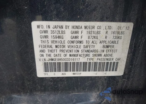 2012 Honda Fit Sport из США, поврежденный, VIN JHMGE8H50CC016117